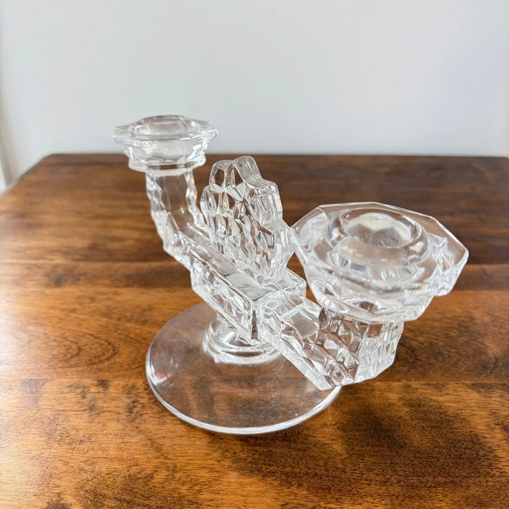 Vintage Double Arm Glass Candelabra Honeycomb Geometric Clear Candle Holder